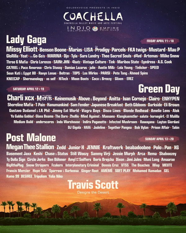 Coachella lineup announced! Green Day, Post Malone, and Lady Gaga to headline Coachella 2025; Travis Scott to perform in guest slot