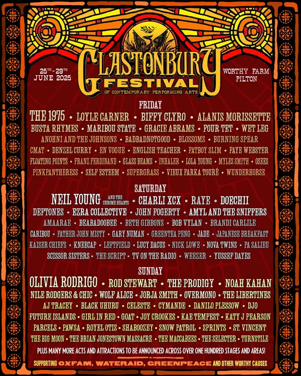 Glastonbury 2025 lineup announced: the 1975, Neil Young, and Olivia Rodrigo to headline